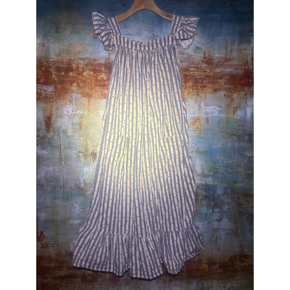 Blue‎ White Striped Red Heart Ruffle Sleeve Tiered Prairie Maxi Apron/Dress